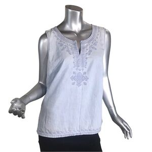 French Cuff Women’s Large Blue Denim Embroidered Tank Sleeveless Top Boho Style